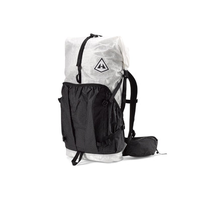 Hyperlite Mountain Gear Southwest 55 Liter backpack showcasing its unique black and white design with a logo