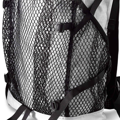 Detail shot of the external mesh pockets on Hyperlite Mountain Gear's Windrider 70 Pack in White