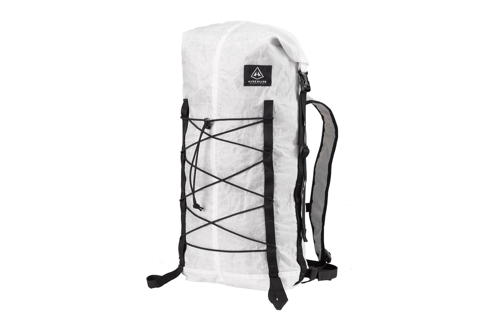 A white backpack with black straps on it.